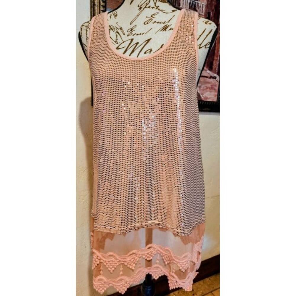 New Origami Pink Sparkly Long Tank Top with Two Layers of Lace Trim SZ S